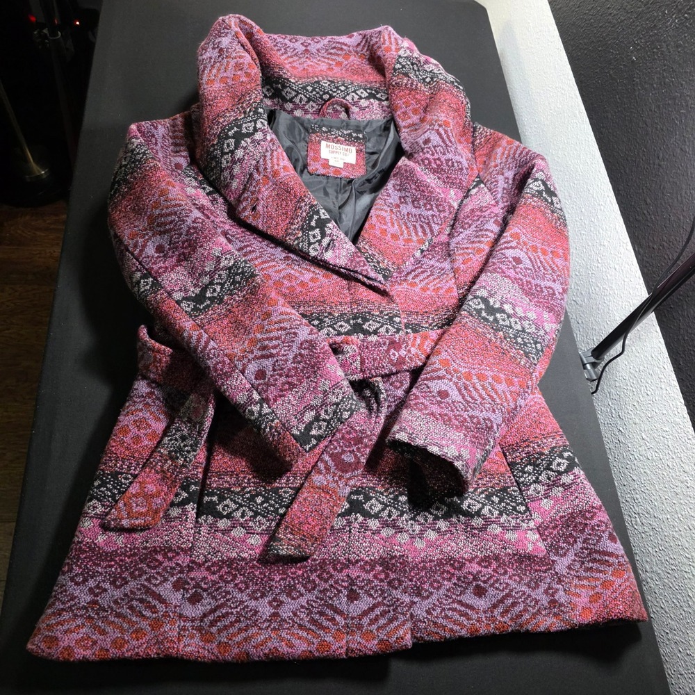 Mossimo Supply Co Womens Pink Purple Geometric Hooded Belted Wrap Coat Small‎ - Picture 7 of 11